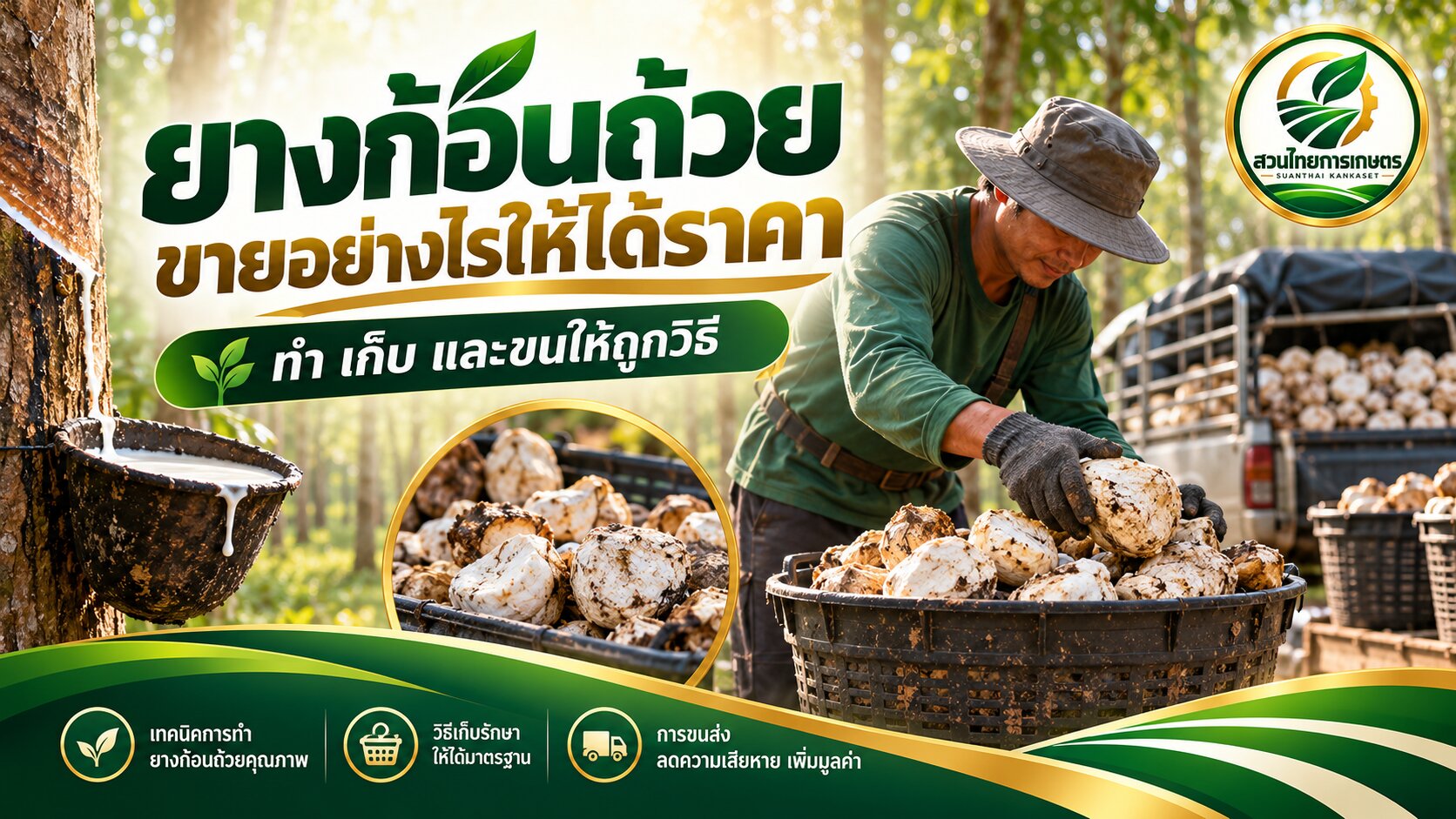แถวต้นยางพาราและทางเดินดินในสวนยางยามเช้า